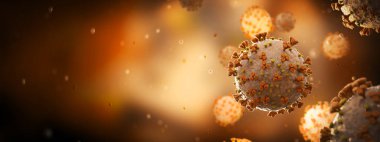 Covid-19 hastalığının mikroskobik yakın çekimi. Portakal rengi Coronavirus hastalığı vücut hücrelerine yayılıyor. Mikroskop seviyesi 3D görüntüleme 2019-nCoV analizi