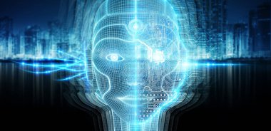 Yapay zeka kavramı 3B oluşturmayı temsil eden robot kadın cyborg yüz