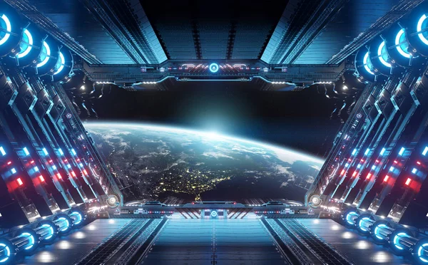 Синій Червоний Футуристичний Космічний Корабель Інтер Вікном Огляду Планеті Земля — стокове фото