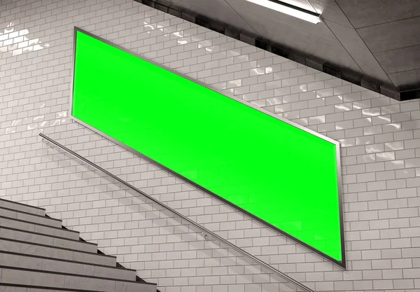 地下楼梯墙上挂着巴黎风格的广告牌 全景囤积广告在白色瓷砖反映隧道内部 3D渲染 — 图库照片