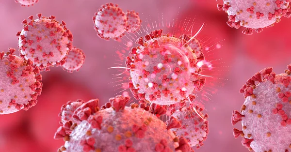 Covid Hastalığının Mikroskobik Yakın Çekimi Kırmızı Coronavirus Hastalığı Vücut Hücrelerine — Stok fotoğraf