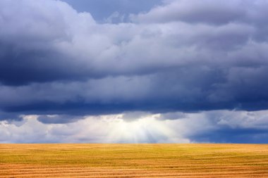 Karanlık fırtına bulutları ve güneş bulutların üstünde sonbahar alanları parlıyor