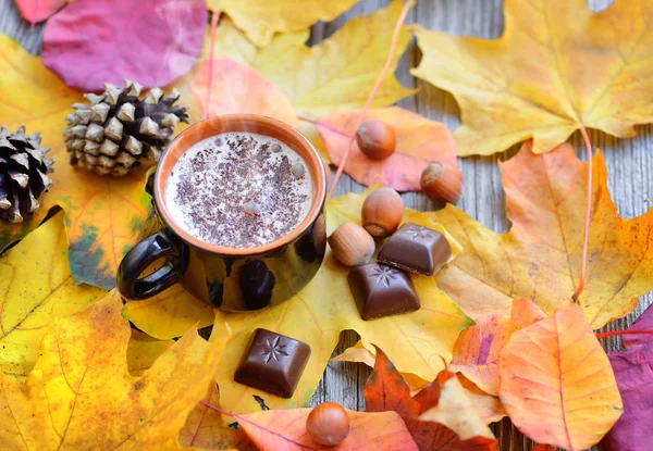 Herbsttasse Kaffee, Nüsse, Tannenzapfen, Schokolade und Herbstblätter — Stockfoto