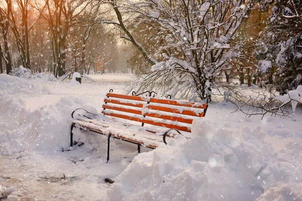 Hermosa mañana de invierno. Banco en Winter Park — Foto de Stock