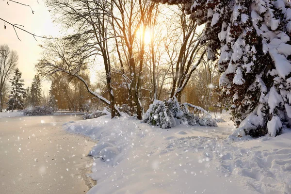 Fantástica mañana de invierno. Hermoso paisaje con el río en un día helado —  Fotos de Stock