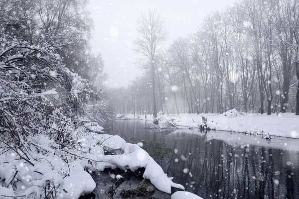 Красивый зимний пейзаж с рекой — стоковое фото