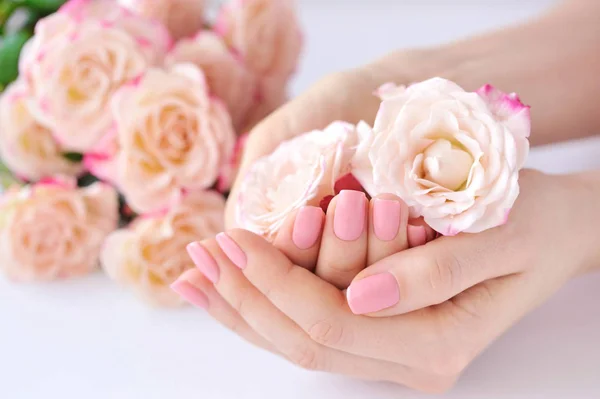 Mani di una donna con manicure rosa su unghie e rose — Foto Stock