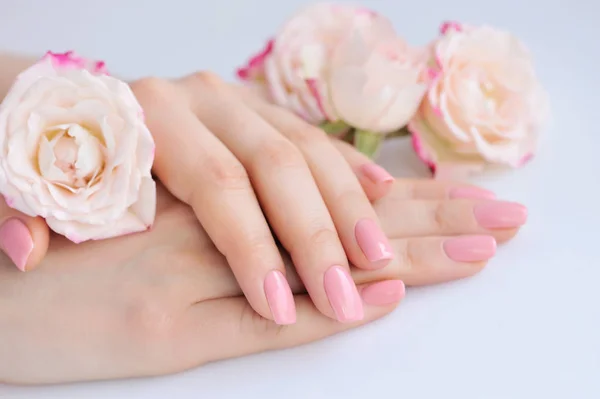 Mains d'une femme avec manucure rose sur les ongles et les roses — Photo