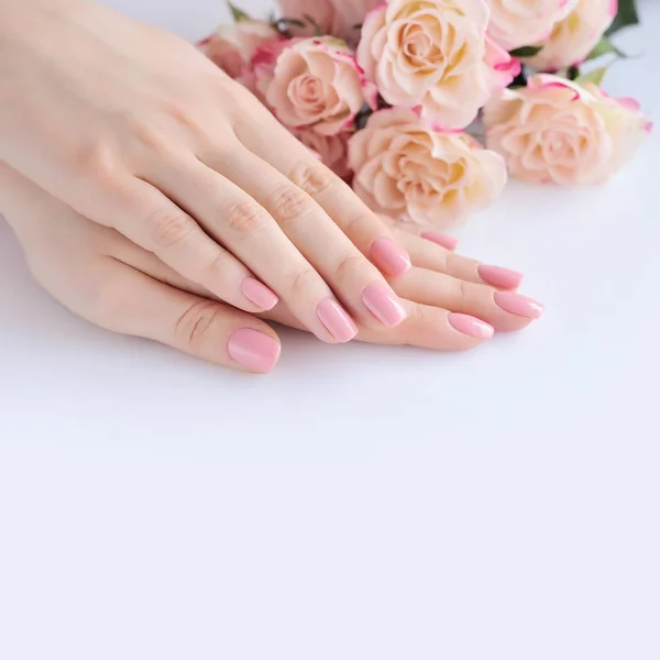 Manos de una mujer con manicura rosa en uñas y rosas — Foto de Stock