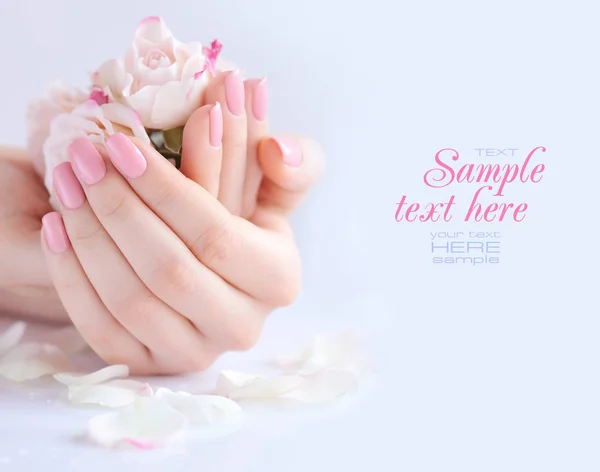 Mani di una donna con manicure rosa su unghie e rose — Foto Stock