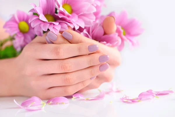 Manos de una mujer con manicura rosa en las uñas y flores rosas — Foto de Stock