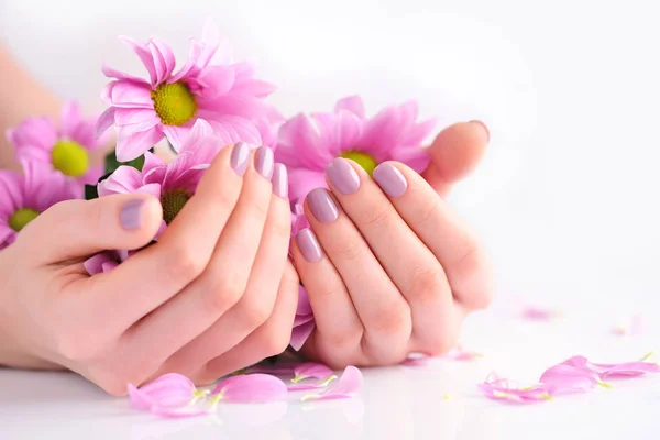 Kezében egy nő, rózsaszín manikűr a köröm és a rózsaszín virágok — Stock Fotó
