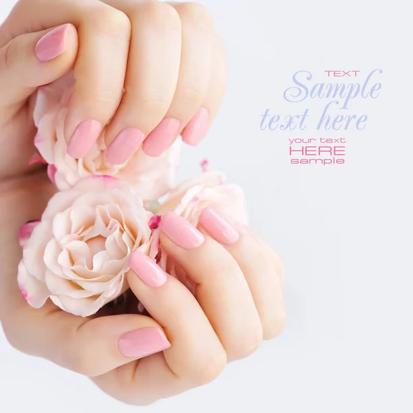 Руки женщины с розовым маникюром на ногтях и розах — стоковое фото
