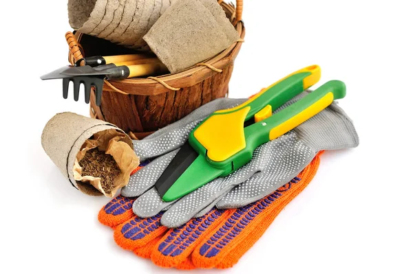 Gardening tools and seed on a white background — Stock Photo, Image