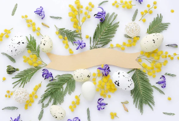 Påskägg och mimosa och hyacint blommor på vit bakgrund. Ovanifrån. — Stockfoto