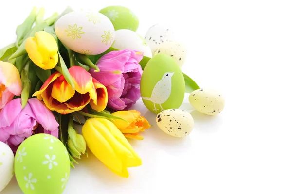 Ovos de Páscoa com flores de tulipas no fundo branco — Fotografia de Stock