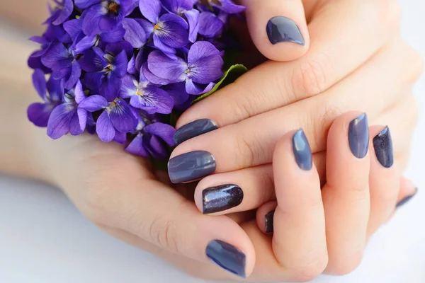 Hands of a woman with dark manicure on nails and flowers violets on a white background