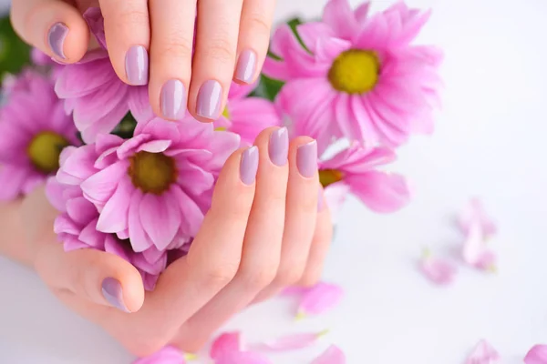 Manos de una mujer con manicura rosa en las uñas y flores rosas —  Fotos de Stock