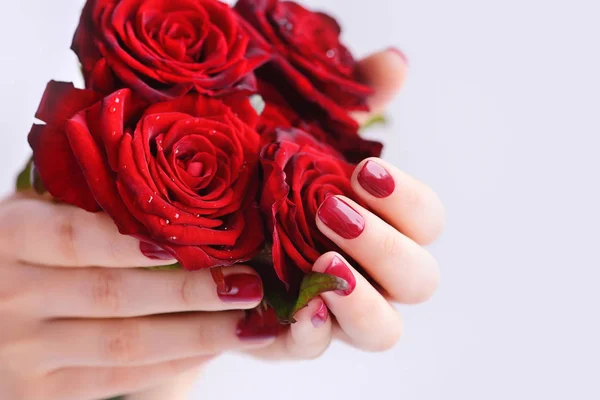 Mãos de uma mulher com manicure vermelho escuro com um buquê de rosas vermelhas — Fotografia de Stock