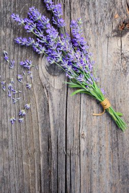 Lavanta çiçekleri (Lavandula) eski bir ahşap zemin üzerine