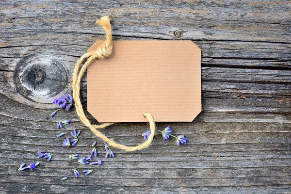 Flores de lavanda (Lavandula) con etiqueta de papel en una mesa de madera vieja —  Fotos de Stock