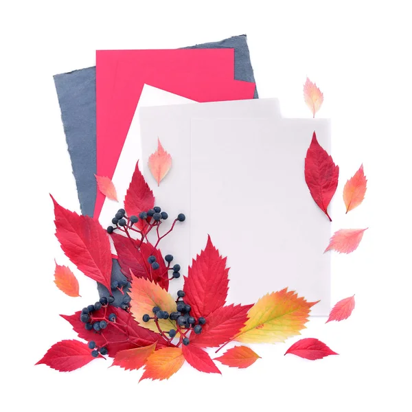 Fondo de otoño con hojas de papel y hojas de otoño . — Foto de Stock