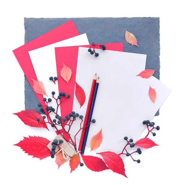 Herfst achtergrond met potloden, vellen papier en herfstbladeren. Bovenaanzicht. Ruimte voor uw tekst. — Stockfoto