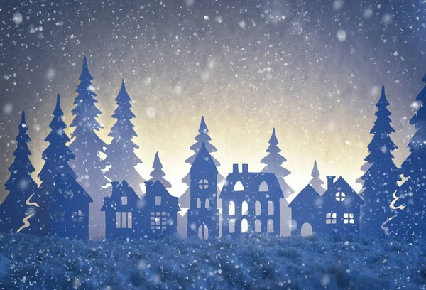 Papier pejzaż zimowy z wioski i choinki w nocy śniegu. — Zdjęcie stockowe