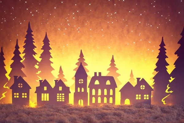 Sylwetki, małej wioski w czasie zimy w nocy. — Zdjęcie stockowe