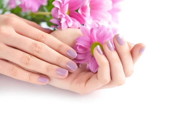Mãos de uma mulher com manicure rosa em pregos e flores rosa em um fundo branco — Fotografia de Stock
