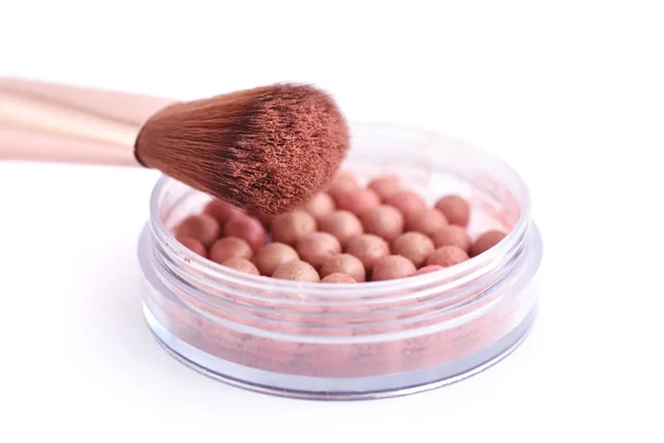 Cosmetic powder balls and makeup brush, isolated on white background — Stock Photo, Image