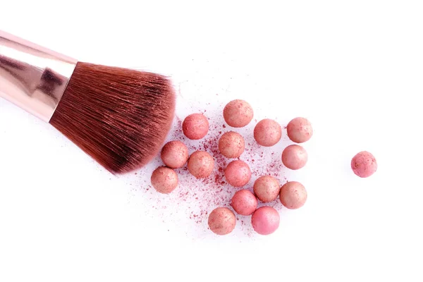 Cosmetic powder balls and makeup brush, isolated on white background — Stock Photo, Image