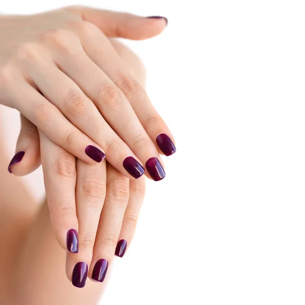 Primo piano di mani di una giovane donna con manicure scura sulle unghie — Foto Stock