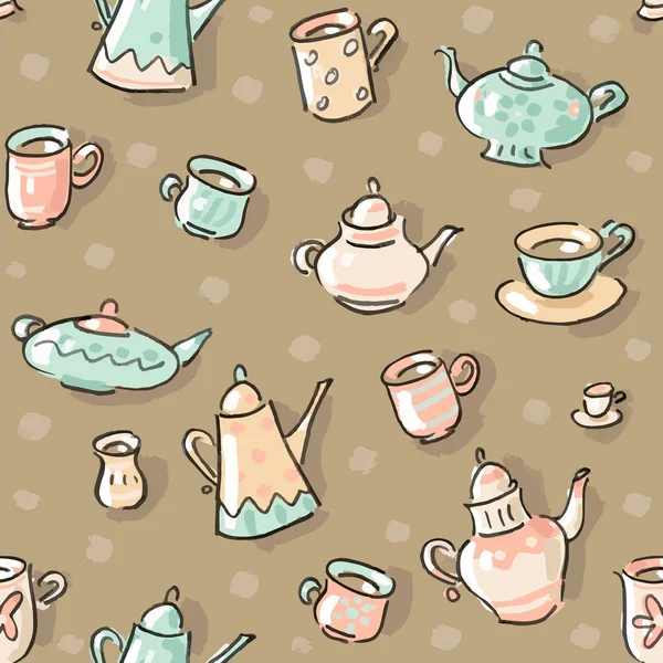 矢量无缝模式与茶壶、 茶杯和咖啡壶 — 图库矢量图片