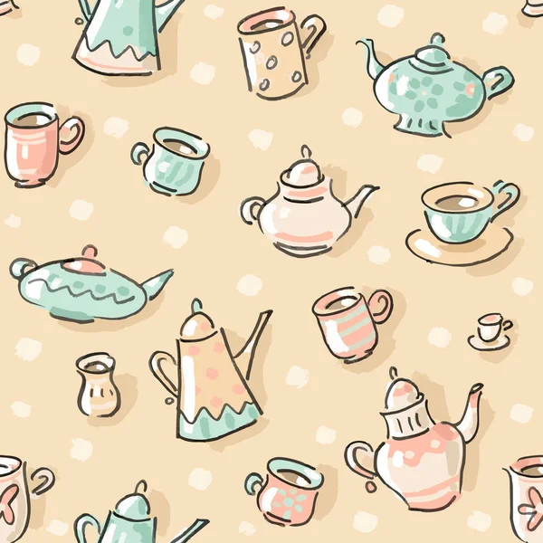Векторный бесшовный узор с чайниками, чашками и кофейниками — стоковый вектор