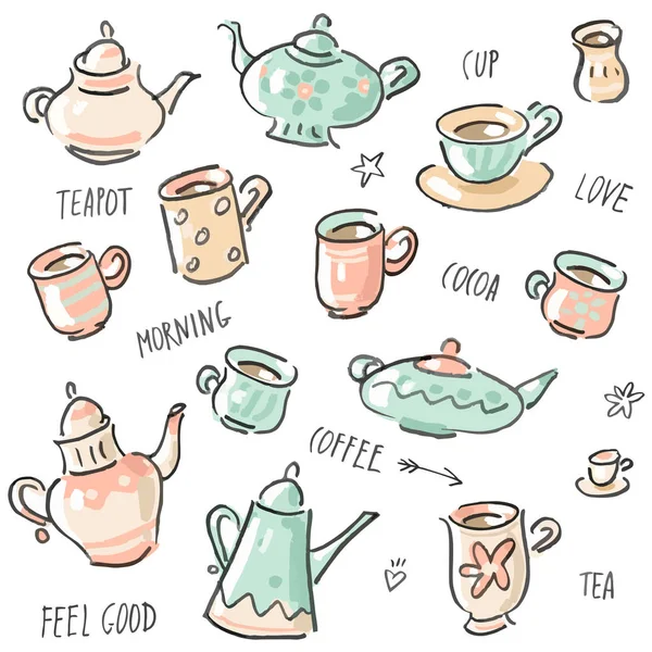 向量集集合与茶壶、 茶杯和咖啡壶 — 图库矢量图片