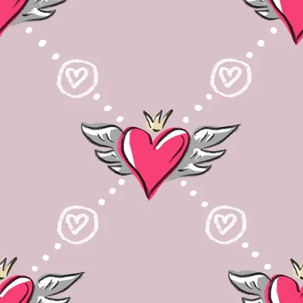Seamless mönster med hjärtan och vingar — Stock vektor