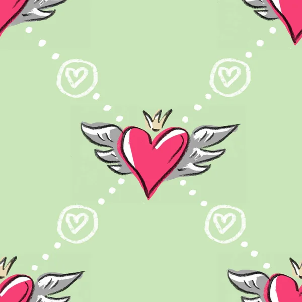 Seamless mönster med hjärtan och vingar — Stock vektor