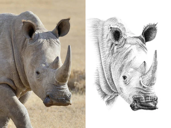 Portret van rhino voordat en nadat met de hand in potlood getekend — Stockfoto