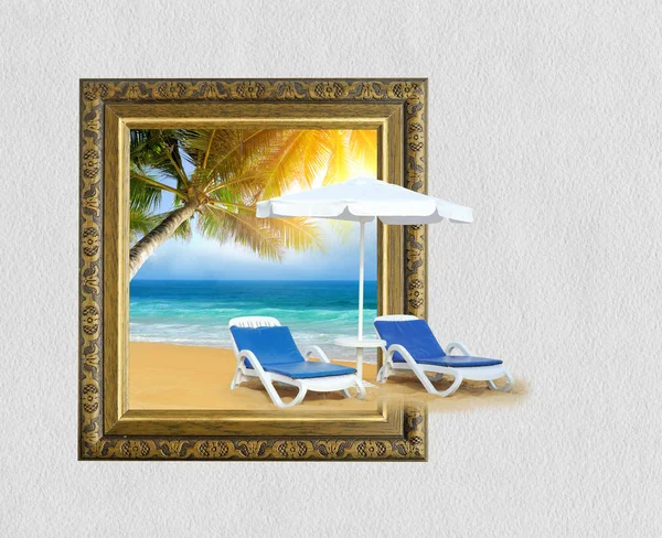 Playa tropical con silla en arena y palmera en marco con 3d — Foto de Stock