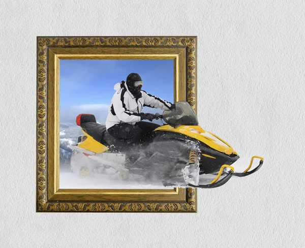 Snowmobile in frame with 3d effect — Stock Photo, Image