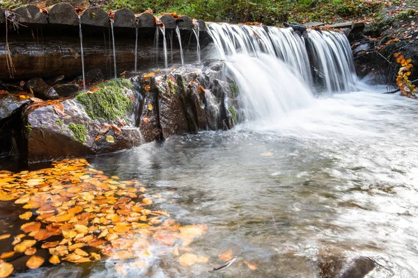 Красочный величественный водопад в осеннем лесу — стоковое фото