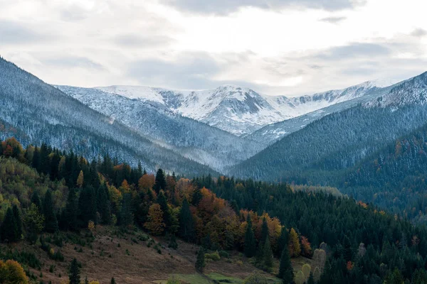 Удивительный горный пейзаж с ярким закатом и снегом — стоковое фото