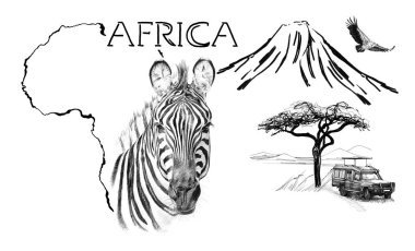 Afrika haritasındaki Zebra portresi Kilimanjaro Mountai ile arka plan
