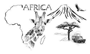 Afrika haritasındaki zürafa portresi Kilimanjaro Dağı ile arka plan