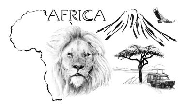 Afrika haritasındaki aslan portresi Kilimanjaro dağı ile arka plan