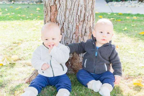 Twin Toddlers sentado perto da árvore tronco — Fotografia de Stock