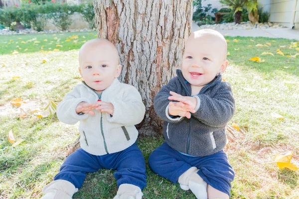 Twin kleuters zitten in de buurt van boomstam — Stockfoto