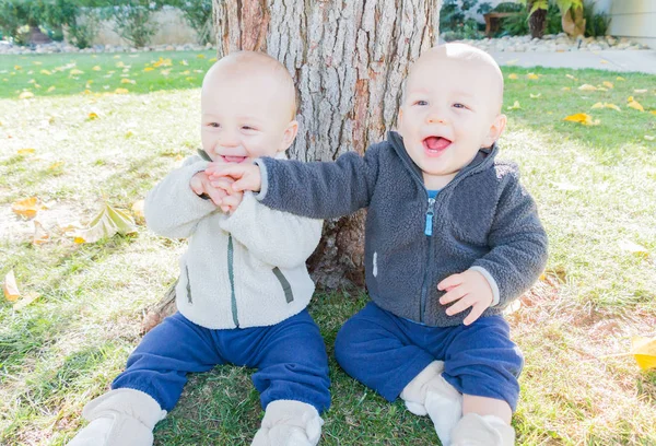 Twin Toddlers Sitting Near Tree Trunk — Stock Photo, Image