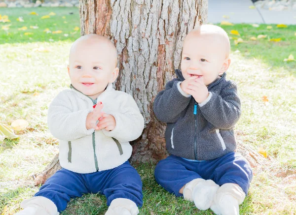 Twin малышей, сидя у ствола дерева — стоковое фото